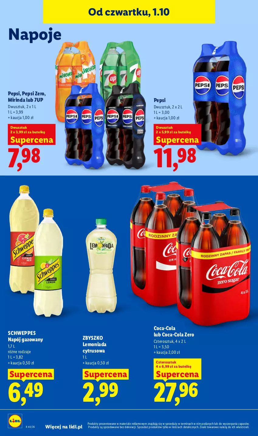 Gazetka promocyjna Lidl - Gazetka ważna od 1.10 do 3.10 - ważna 01.10 do 03.10.2026 - strona 82 - produkty: 7up, Coca-Cola, Lemoniada, Mirinda, Napój, Napój gazowany, Napoje, Pepsi, Schweppes