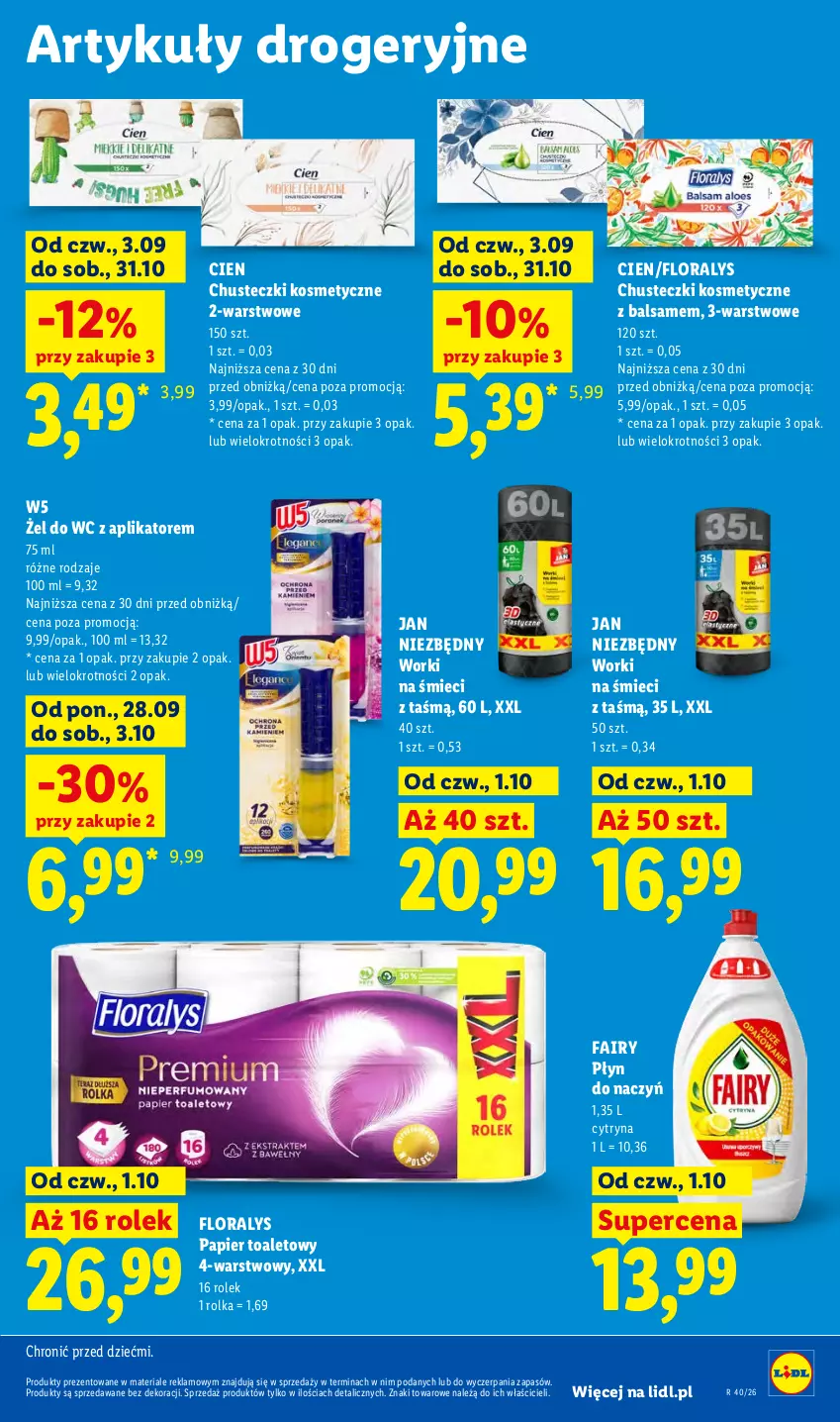 Gazetka promocyjna Lidl - Gazetka ważna od 1.10 do 3.10 - ważna 01.10 do 03.10.2026 - strona 99 - produkty: Chusteczki, Chusteczki kosmetyczne, Fa, Fairy, Flora, Jan Niezbędny, Papier, Papier toaletowy, Worki na śmiec, Worki na śmieci