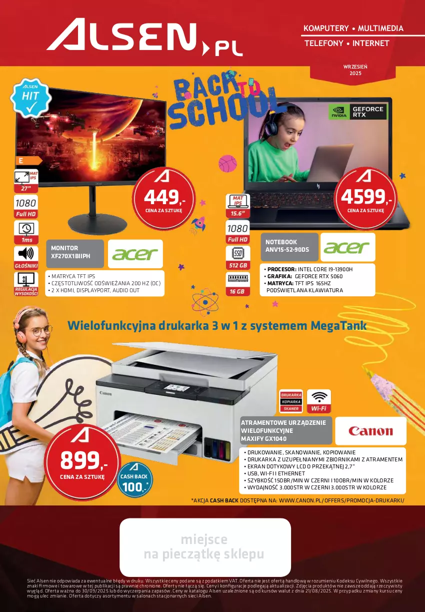 Gazetka promocyjna Alsen - Gazetka Alsen - ważna 01.09 do 30.09.2025 - strona 1 - produkty: Atramentowe urządzenie wielofunkcyjne, Canon, Drukarka, Drukarki, Gra, Grafika, Intel, Klawiatura, Komputer, Komputery, LANA, Monitor, Notebook, Piec, Por, Procesor, Telefon, Urządzenie wielofunkcyjne