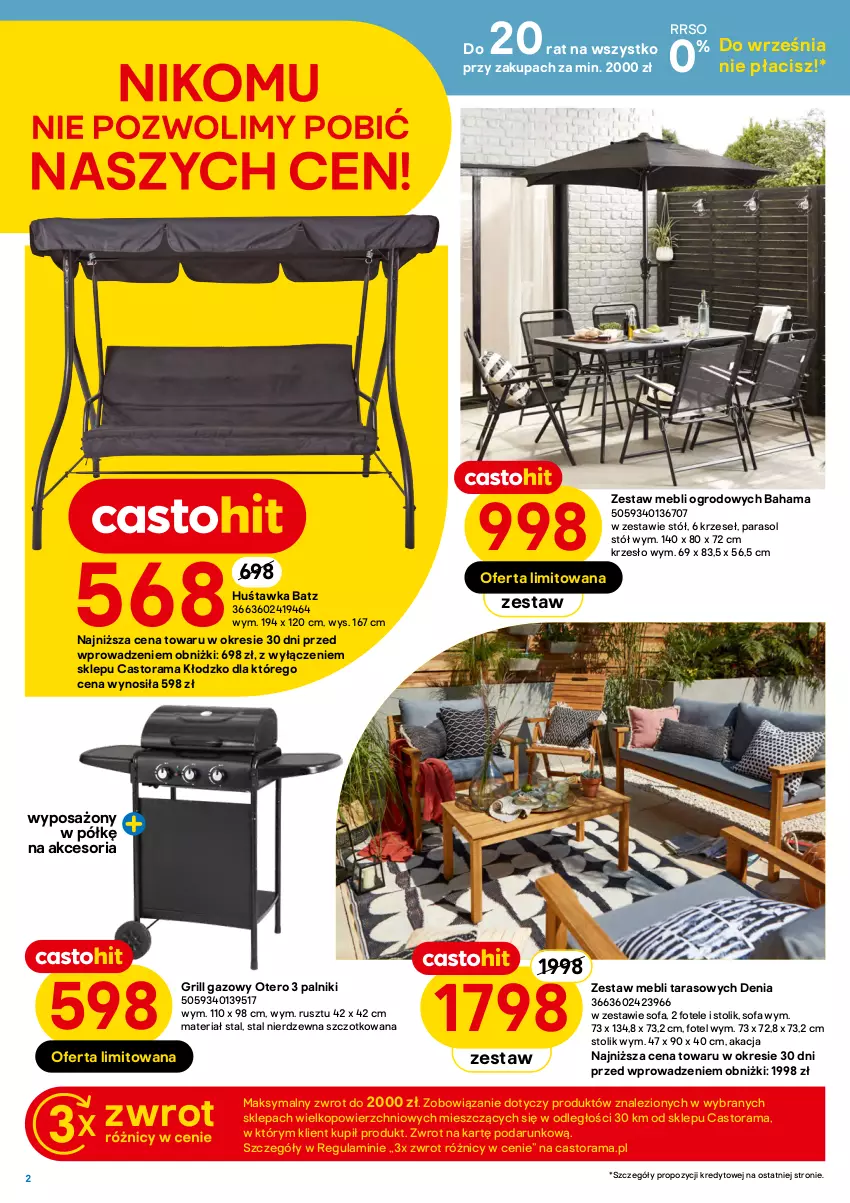 Gazetka promocyjna Castorama - ważna 11.04 do 25.04.2023 - strona 2 - produkty: Astor, Cynk, Fa, Fotel, Grill, Grill gazowy, Hama, Huśtawka, Krzesło, Mus, Parasol, Płyta, Rama, Sofa, Stół, Stolik