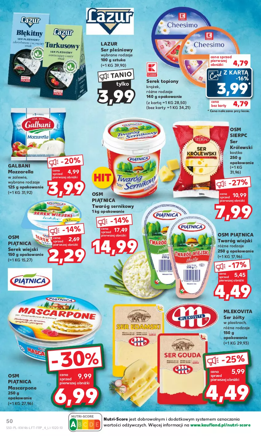 Gazetka promocyjna Kaufland - Gazetka tygodnia - ważna 16.11 do 22.11.2023 - strona 50 - produkty: Galbani, Królewski, Lazur, Mascarpone, Mleko, Mlekovita, Mozzarella, Piątnica, Ser, Ser pleśniowy, Serek, Serek wiejski, Top, Twaróg