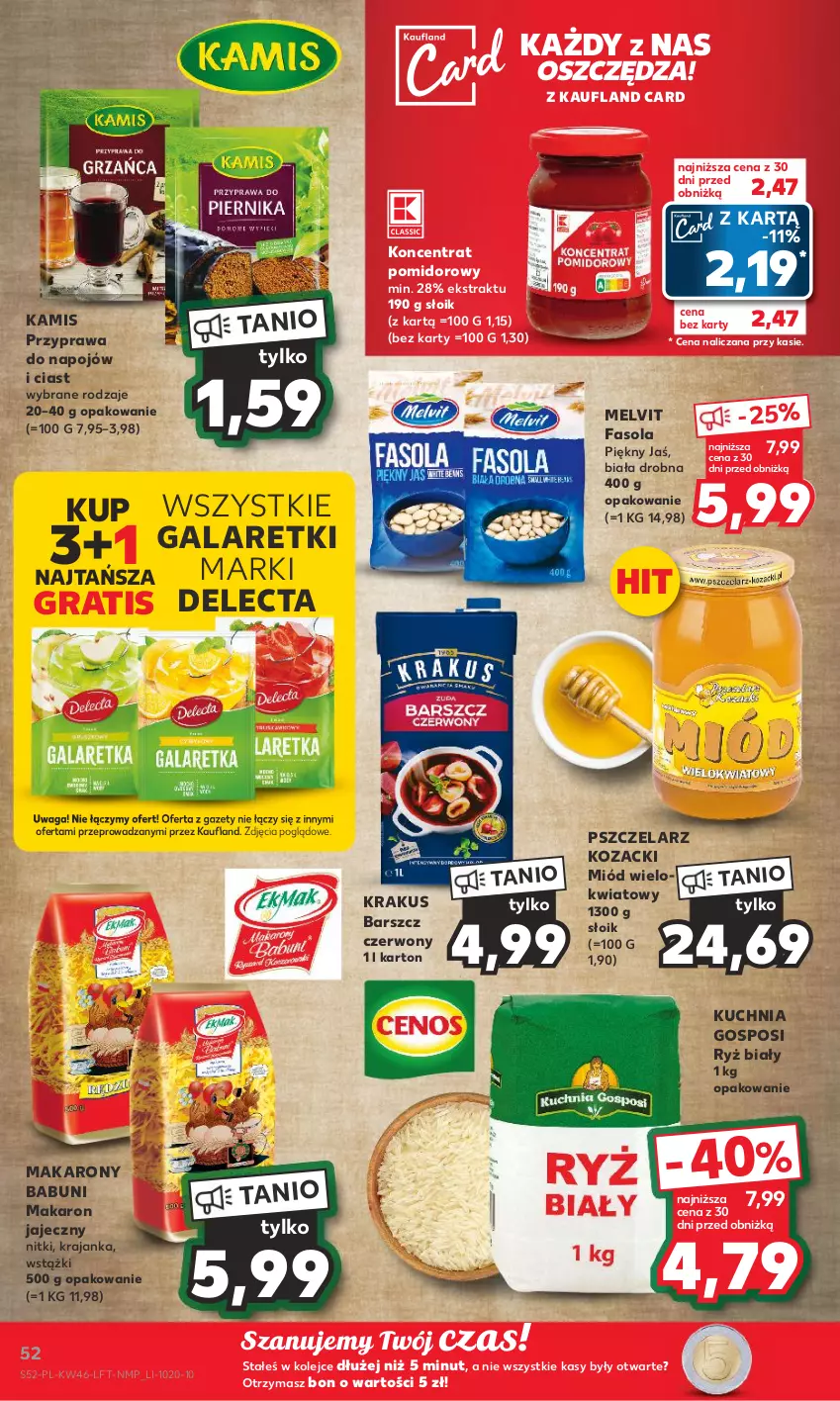 Gazetka promocyjna Kaufland - Gazetka tygodnia - ważna 16.11 do 22.11.2023 - strona 52 - produkty: Babuni, Delecta, Fa, Fasola, Gala, Galaretki, Gra, Kamis, Koncentrat pomidorowy, Krakus, Kuchnia, Makaron, Melvit, Miód, Olej, Ryż, Ryż biały, Waga