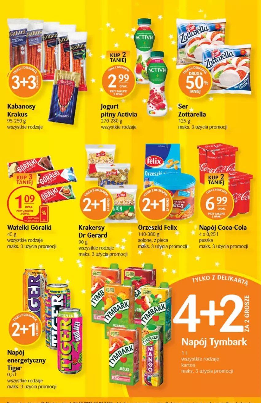 Gazetka promocyjna Delikatesy Centrum - Gazetka DC50 - ważna 27.12.2022 do 02.01.2023 - strona 27 - produkty: Activia, Coca-Cola, Dr Gerard, Felix, Góralki, Jogurt, Kabanos, Krakersy, Krakus, Napój, Orzeszki, Piec, Ser, Tymbark, Zott, Zottarella