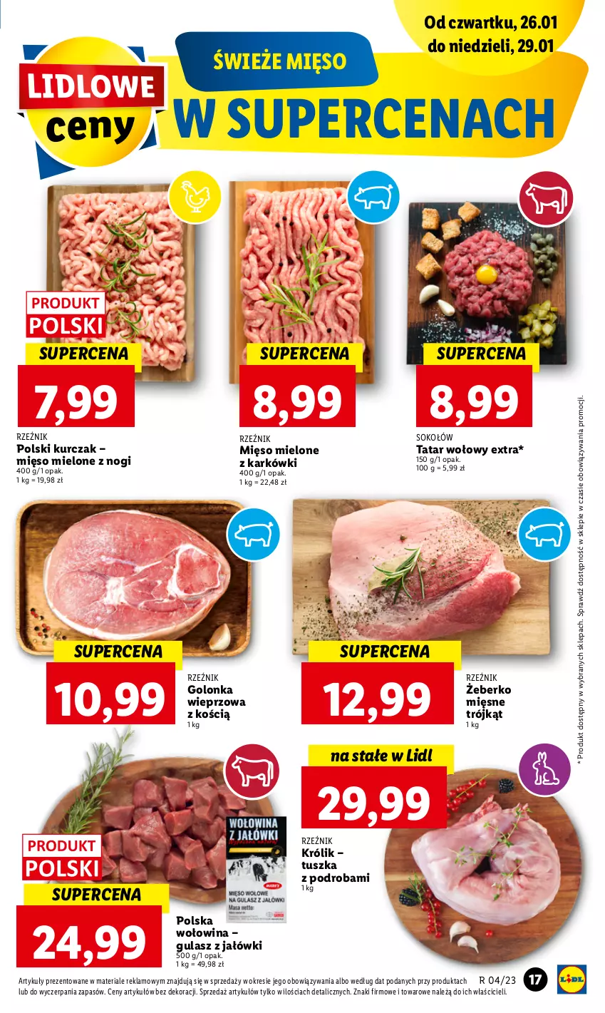 Gazetka promocyjna Lidl - GAZETKA - ważna 26.01 do 29.01.2023 - strona 17 - produkty: Golonka wieprzowa, Królik, Kurczak, Mięso, Mięso mielone, Sok, Sokołów, Tatar wołowy, Tusz, Wołowina