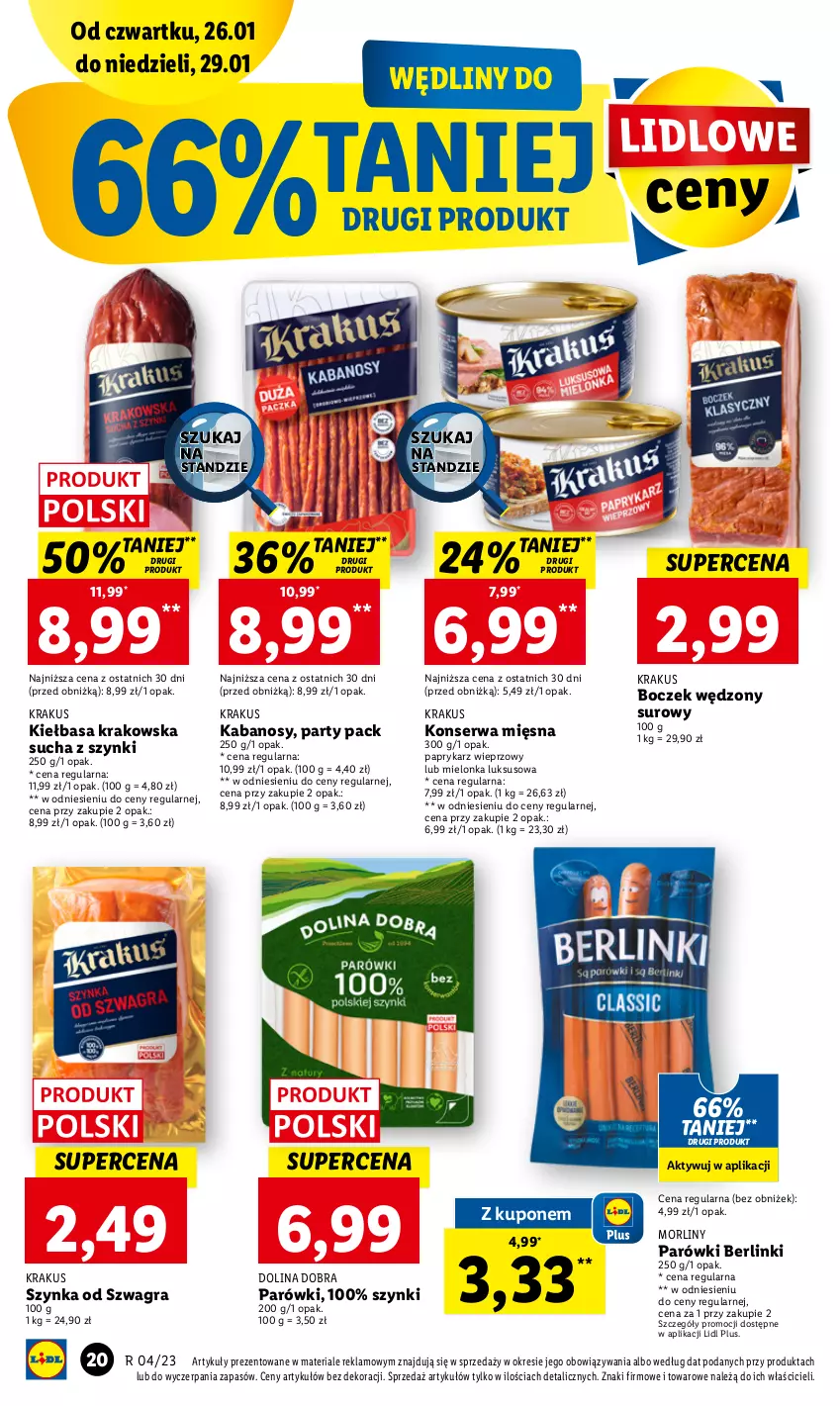 Gazetka promocyjna Lidl - GAZETKA - ważna 26.01 do 29.01.2023 - strona 20 - produkty: Berlinki, Boczek, Gra, Kabanos, Kiełbasa, Kiełbasa krakowska, Krakus, Morliny, Papryka, Paprykarz, Parówki, Ser, Szynka