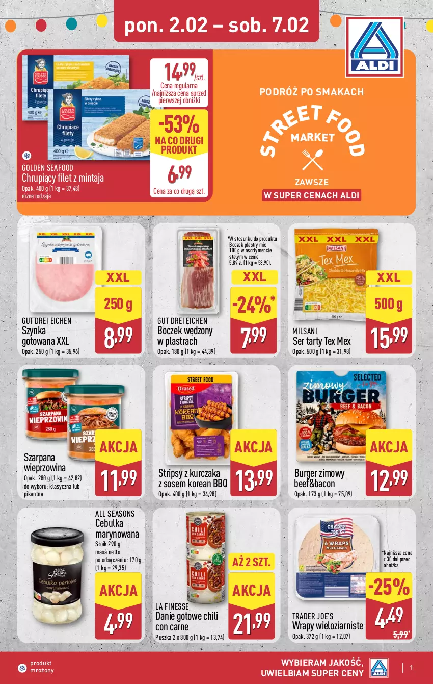 Gazetka promocyjna Aldi - Oferta weekendowa - ważna 02.02 do 07.02.2026 - strona 1 - produkty: All Seasons, Boczek, Burger, Danie gotowe, Filet z mintaja, Golden Seafood, Kurczak, Mintaj, Ser, Sos, Szynka, Wieprzowina