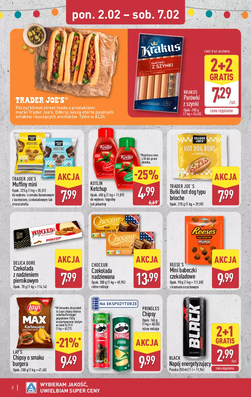Gazetka promocyjna Aldi - Oferta weekendowa - ważna 02.02 do 07.02.2026 - strona 2 - produkty: Babeczki, Burger, Chipsy, Czekolada, Czekolada nadziewana, Gra, Hot dog, Ketchup, Kotlin, Krakus, Lack, Lay’s, Muffiny, Napój, Parówki, Parówki z szynki, Piernik, Pringles