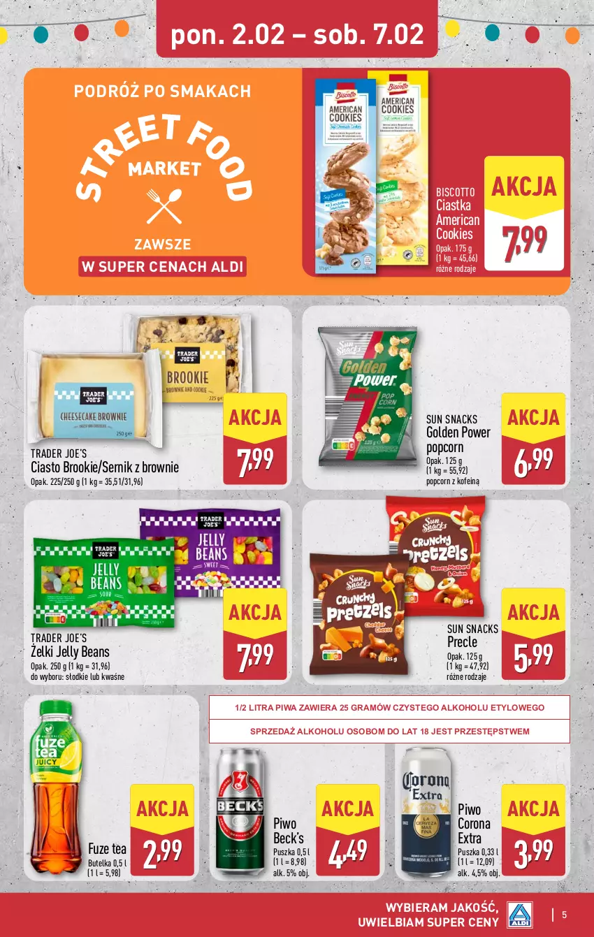Gazetka promocyjna Aldi - Oferta weekendowa - ważna 02.02 do 07.02.2026 - strona 5 - produkty: Brownie, Ciastka, Corona Extra, Gra, Jelly beans, Piwa, Piwo, Popcorn, Precle, Ser