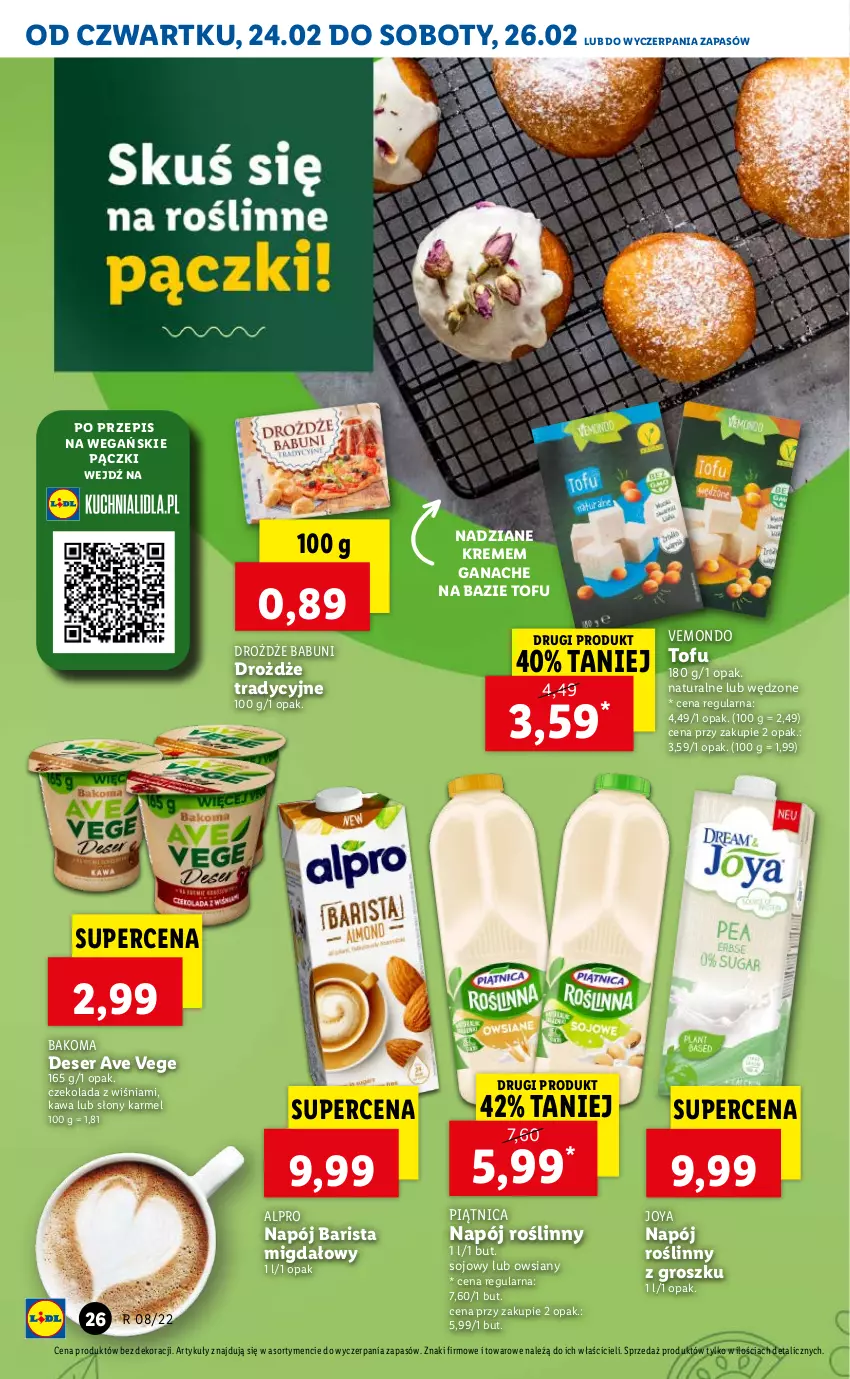 Gazetka promocyjna Lidl - GAZETKA - ważna 24.02 do 26.02.2022 - strona 26 - produkty: Alpro, Babuni, Bakoma, Czekolada, Deser, Drożdże, Kawa, Napój, Napój roślinny, Piątnica, Ser, Tofu