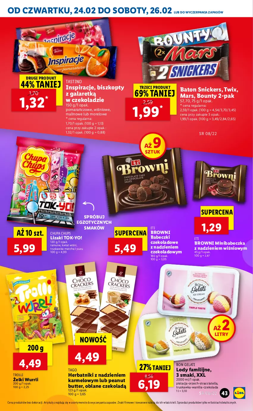 Gazetka promocyjna Lidl - GAZETKA - ważna 24.02 do 26.02.2022 - strona 43 - produkty: Babeczki, Baton, Biszkopty, Bounty, Chupa Chups, Czekolada, Fa, Gala, Herbatniki, Lizaki, Lody, Mars, Snickers, Tago, Twix