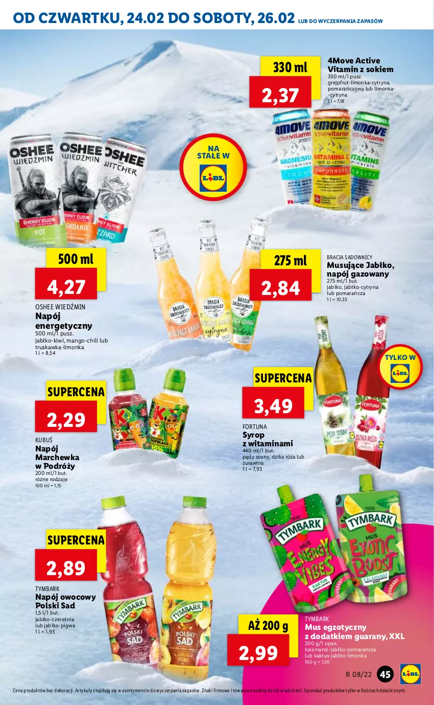 Gazetka promocyjna Lidl - GAZETKA - ważna 24.02 do 26.02.2022 - strona 45 - produkty: Dzika róża, Fortuna, Grejpfrut, Kaktus, Kiwi, Kubuś, Limonka, Mango, Marchewka, Mus, Napój, Napój energetyczny, Napój gazowany, Oshee, Róża, Sok, Sos, Syrop, Tymbark