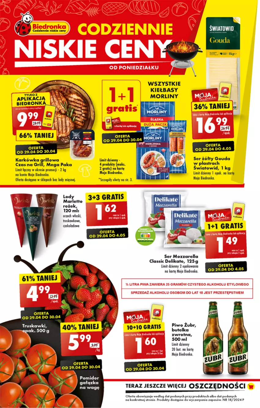 Gazetka promocyjna Biedronka - Od Poniedziałku - ważna 29.04 do 04.05.2024 - strona 1 - produkty: Gouda, Gra, Grill, Kret, Morliny, Mozzarella, Piwo, Ser, Ser zołty, Tera, Truskawki