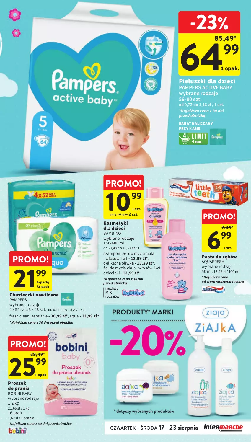 Gazetka promocyjna Intermarche - Gazetka Intermarche - ważna 17.08 do 23.08.2023 - strona 34 - produkty: Aquafresh, Chusteczki, Dzieci, Kosmetyki dla dzieci, Pampers, Pasta do zębów, Proszek do prania, Szampon