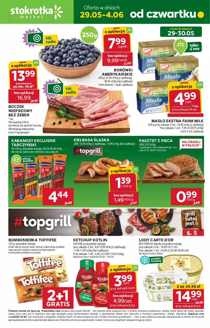 Gazetka promocyjna Stokrotka - Market - ważna 29.05 do 04.06.2025 - strona 1 - produkty: Algida, Boczek, Boczek wieprzowy, Fa, Farm Milk, Gra, Kabanos, Ketchup, Kiełbasa, Kiełbasa śląska, Kotlin, LG, Lody, Masło, Mięso, Owoce, Pasztet, Piec, Por, Tarczyński, Toffifee, Warzywa