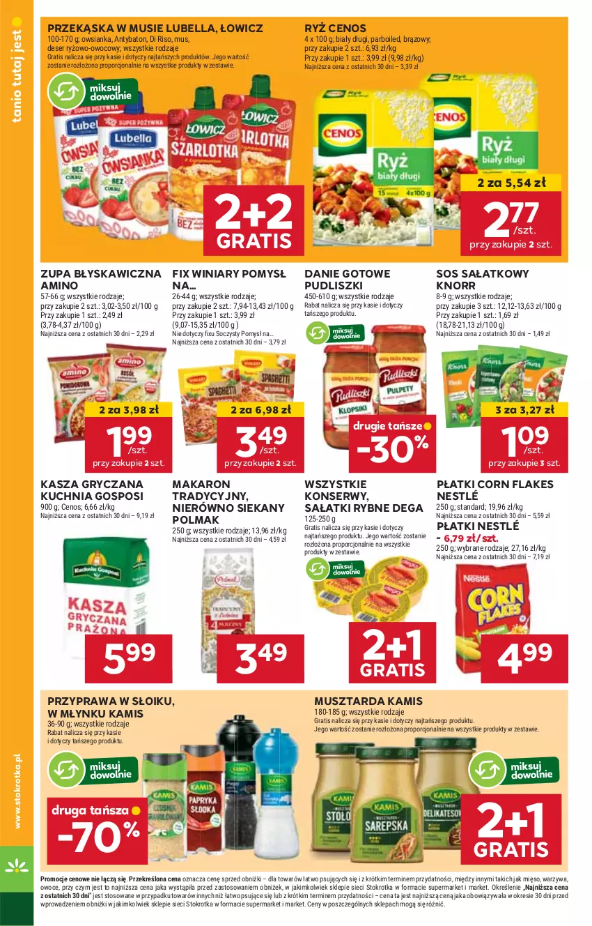 Gazetka promocyjna Stokrotka - Market - ważna 29.05 do 04.06.2025 - strona 18 - produkty: Baton, Bell, Bella, Cenos, Corn flakes, Danie gotowe, Dega, Deser, Gra, Gry, Kamis, Kasza, Kasza gryczana, Knorr, Kuchnia, Lubella, Makaron, Mięso, Mus, Musztarda, Nestlé, Olma, Owoce, Owsianka, Por, Pudliszki, Ryż, Sałat, Ser, Sos, Warzywa, Winiary, Zupa