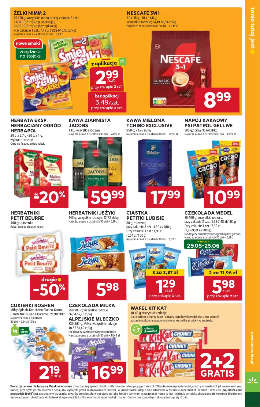 Gazetka promocyjna Stokrotka - Market - ważna 29.05 do 04.06.2025 - strona 19 - produkty: Candy, Ciastka, Cukier, Cukierki, Czekolada, Gin, Gra, Herbapol, Herbata, Herbatniki, Herbatniki Petit Beurre, Jacobs, Jeżyki, Jutrzenka, Kakao, Kawa, Kawa mielona, Kawa ziarnista, Kit Kat, Lubisie, Mięso, Milka, Mleczko, Napój, Nescafé, Ogród, Owoce, Por, Psi Patrol, Tchibo, Torba, Warzywa