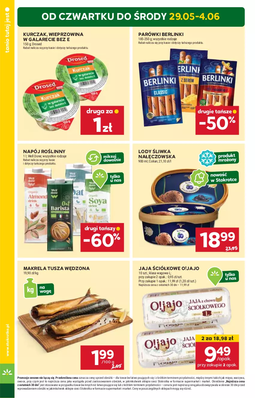 Gazetka promocyjna Stokrotka - Market - ważna 29.05 do 04.06.2025 - strona 2 - produkty: Berlinki, Gala, Jaja, Kurczak, Lody, Mięso, Napój, Napój roślinny, Owoce, Parówki, Tusz, Warzywa, Wieprzowina