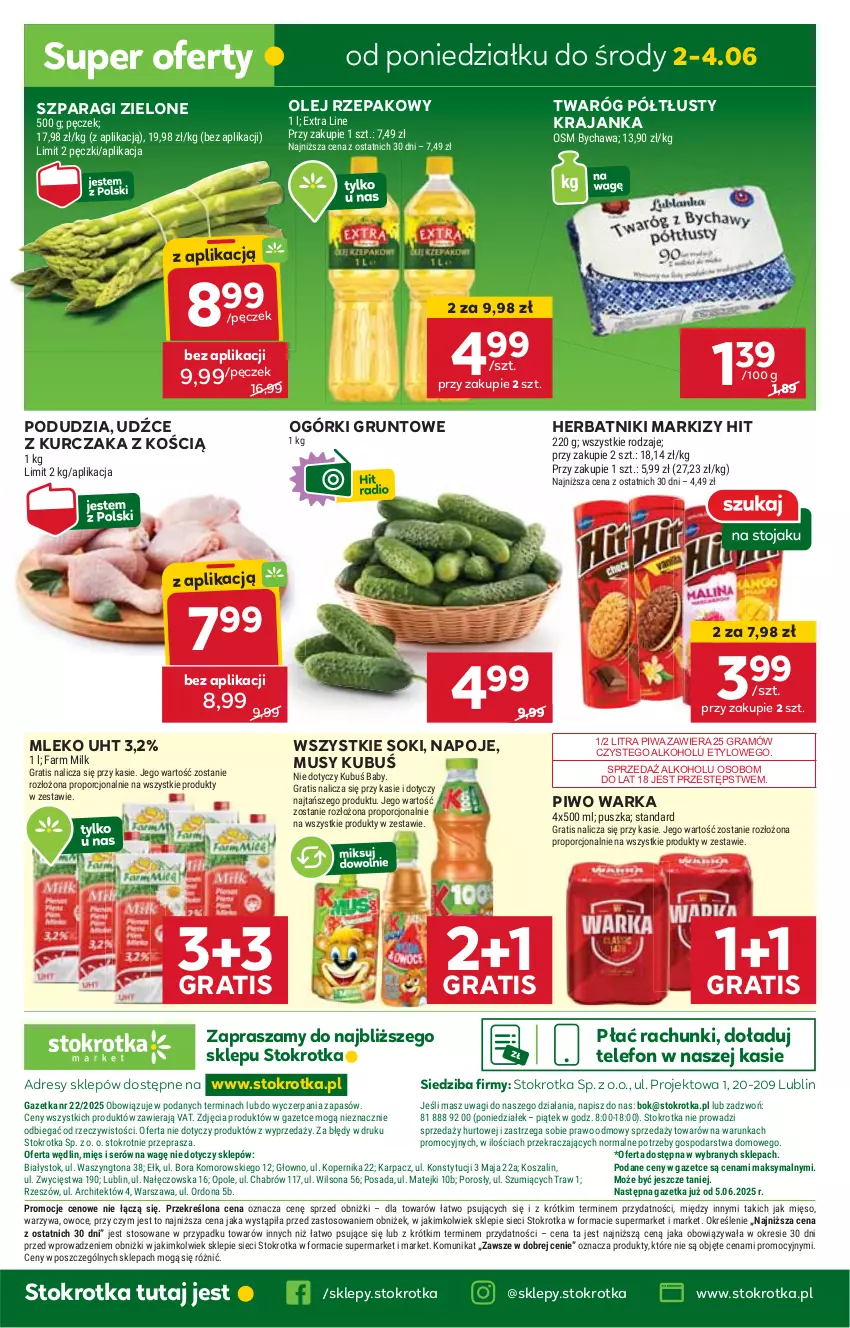 Gazetka promocyjna Stokrotka - Market - ważna 29.05 do 04.06.2025 - strona 29 - produkty: Dres, Fa, Farm Milk, Gra, Grunt, Herbatniki, JBL, Karp, Kosz, Kubuś, Kurczak, Mięso, Mleko, Mus, Napoje, O nas, Olej, Olej rzepakowy, Owoce, Piwa, Piwo, Por, Ser, Sok, Szal, Telefon, Twaróg, Twaróg półtłusty, Wagi, Warka, Warzywa, Wilson