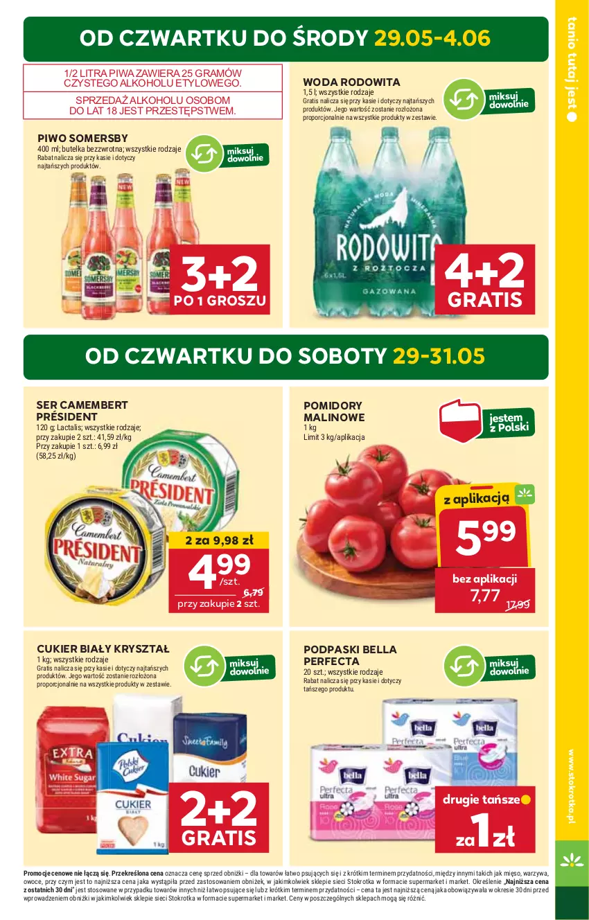 Gazetka promocyjna Stokrotka - Market - ważna 29.05 do 04.06.2025 - strona 3 - produkty: Bell, Bella, Camembert, Cukier, Gra, Mięso, Owoce, Perfecta, Piwa, Piwo, Podpaski, Pomidory, Por, Président, Ser, Somersby, Warzywa, Woda