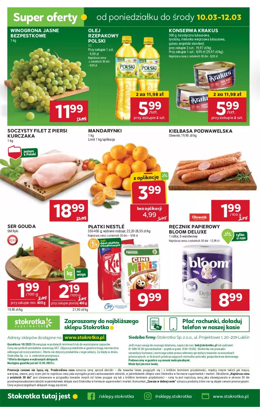 Gazetka promocyjna Stokrotka - Supermarket Opole/Radom - ważna 06.03 do 12.03.2025 - strona 41 - produkty: Danio, Dres, Filet z piersi kurczaka, Gouda, HP, JBL, Kiełbasa, Kiełbasa podwawelska, Krakus, Kurczak, Mandarynki, Nestlé, Olej, Olej rzepakowy, Papier, Ręcznik, Ser, Telefon, Wawel, Wino, Winogrona