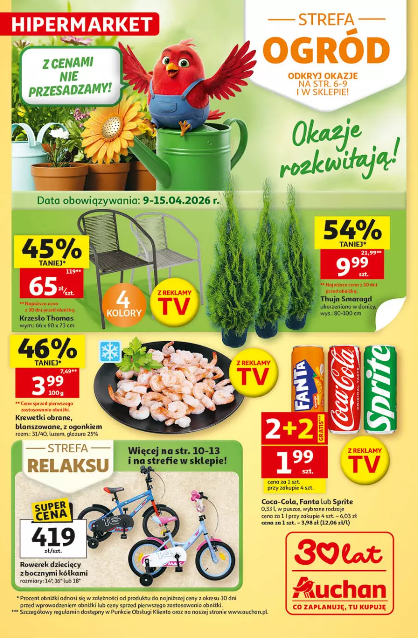 Gazetka promocyjna Auchan - 30 Lat Hipermarket - ważna 09.04 do 15.04.2026 - strona 1 - produkty: Coca-Cola, Dzieci, Fa, Fanta, Glazura, Krewetki, Krzesło, Lazur, Rower, Rowerek, Sprite