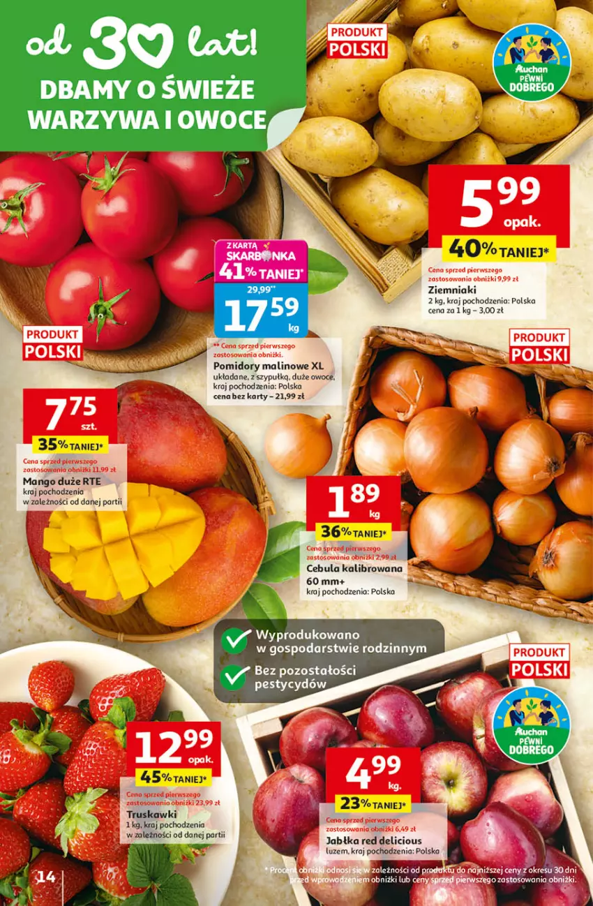Gazetka promocyjna Auchan - 30 Lat Hipermarket - ważna 09.04 do 15.04.2026 - strona 14 - produkty: Jabłka, Mango, Owoce, Pomidory, Truskawki, Warzywa, Warzywa i owoce, Ziemniaki