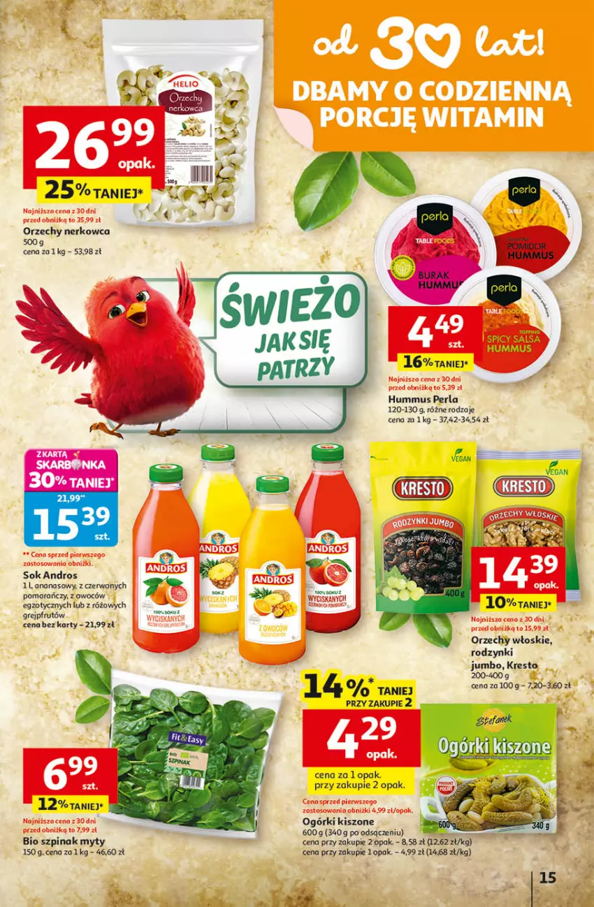 Gazetka promocyjna Auchan - 30 Lat Hipermarket - ważna 09.04 do 15.04.2026 - strona 15 - produkty: Ananas, Fa, Grejpfrut, Hummus, Mus, Orzechy włoskie, Rodzynki, Sok, Szpinak