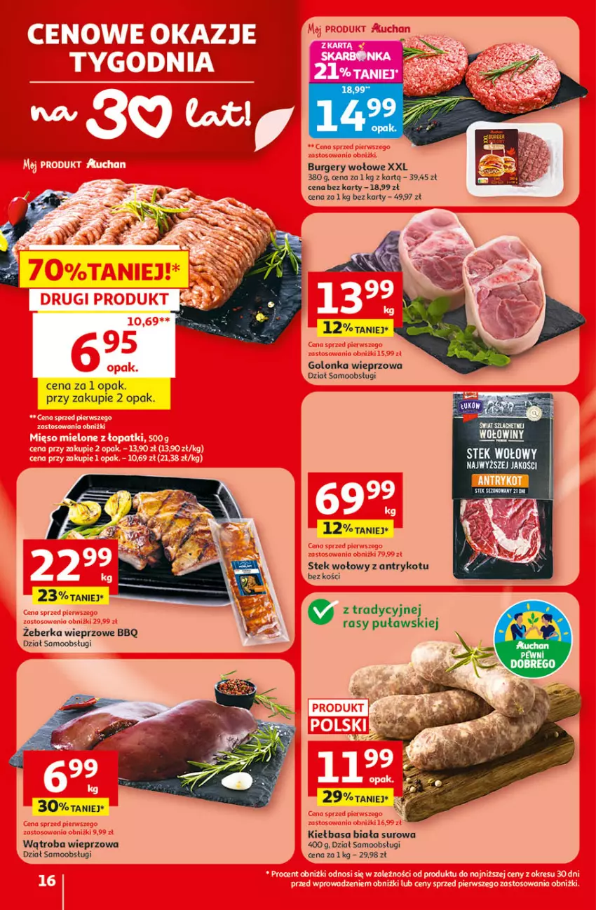 Gazetka promocyjna Auchan - 30 Lat Hipermarket - ważna 09.04 do 15.04.2026 - strona 16 - produkty: Burger, Fa, Golonka wieprzowa, Kiełbasa, Kiełbasa biała, Stek