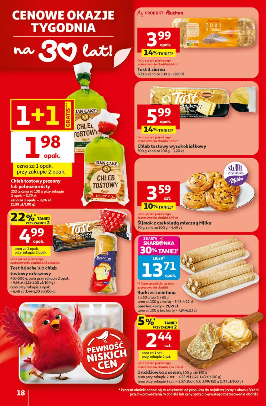 Gazetka promocyjna Auchan - 30 Lat Hipermarket - ważna 09.04 do 15.04.2026 - strona 18 - produkty: Chleb, Chleb tostowy, Fa, Milka, Rurki, Ser, Sok