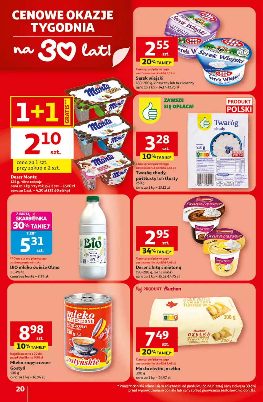 Gazetka promocyjna Auchan - 30 Lat Hipermarket - ważna 09.04 do 15.04.2026 - strona 20 - produkty: Ba!, Deser, Masło, Mleko, Mleko zagęszczone, Olma, Ser, Serek, Serek wiejski, Twaróg, Twaróg chudy