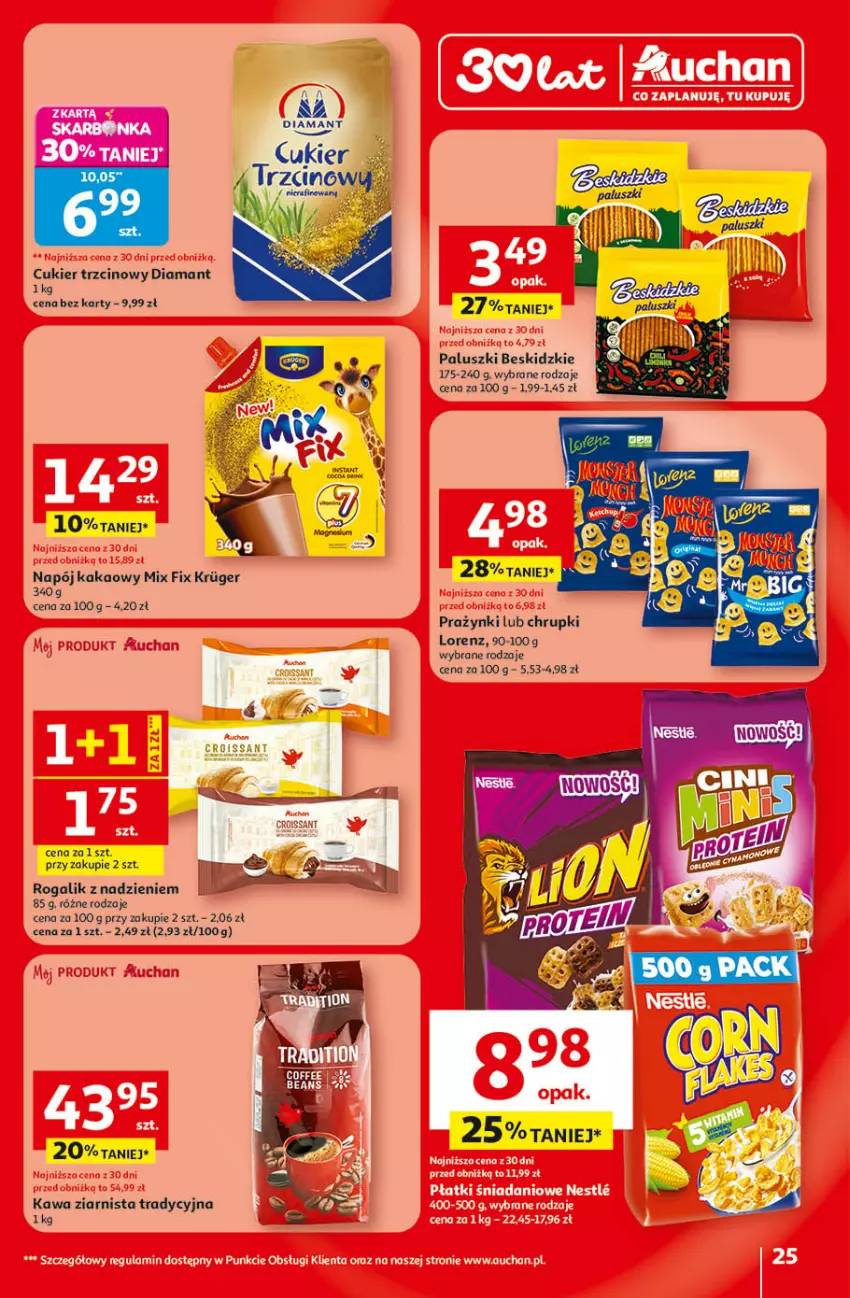 Gazetka promocyjna Auchan - 30 Lat Hipermarket - ważna 09.04 do 15.04.2026 - strona 25 - produkty: Beskidzki, Chrupki, Cukier, Cukier trzcinowy, Diamant, Kakao, Kawa, Kawa ziarnista, Lorenz, Napój, Rogal