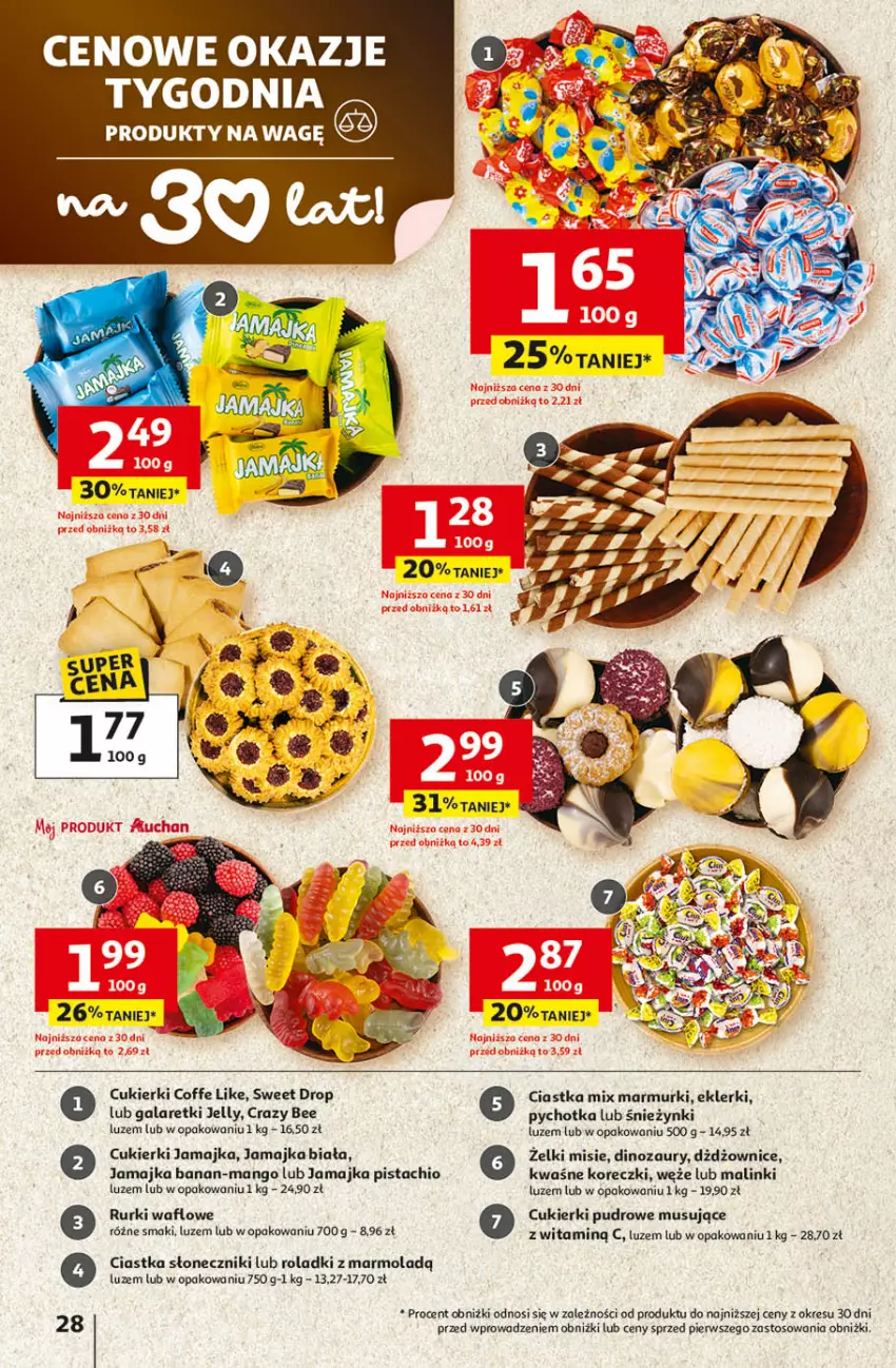 Gazetka promocyjna Auchan - 30 Lat Hipermarket - ważna 09.04 do 15.04.2026 - strona 28 - produkty: Ciastka, Cukier, Cukierki, Dinozaur, Gala, Galaretki, Mango, Mola, Mus, Rurki