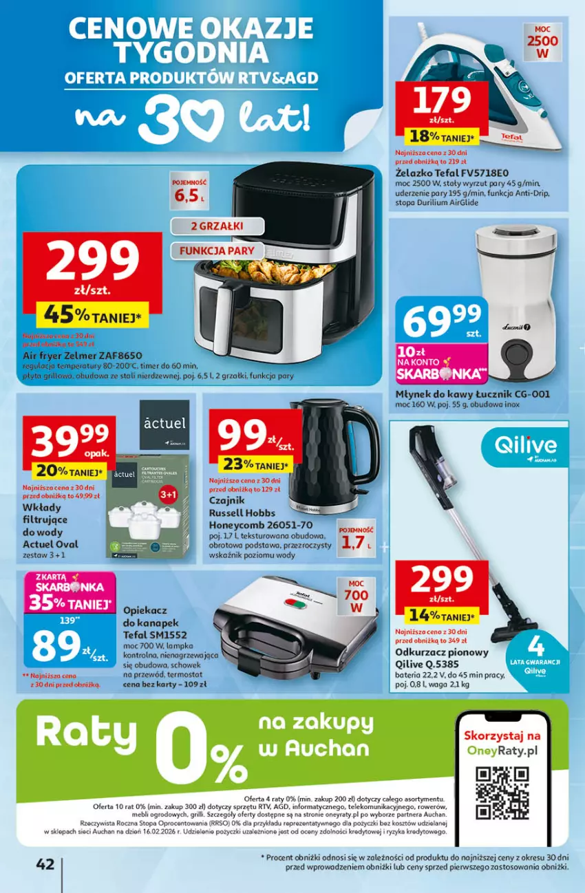 Gazetka promocyjna Auchan - 30 Lat Hipermarket - ważna 09.04 do 15.04.2026 - strona 42 - produkty: Bateria, Czajnik, Fa, Kosz, Młynek, Młynek do kawy, Odkurzacz, Płyta, Przewód, Rower, Tefal, Termos, Top, Waga, Zelmer
