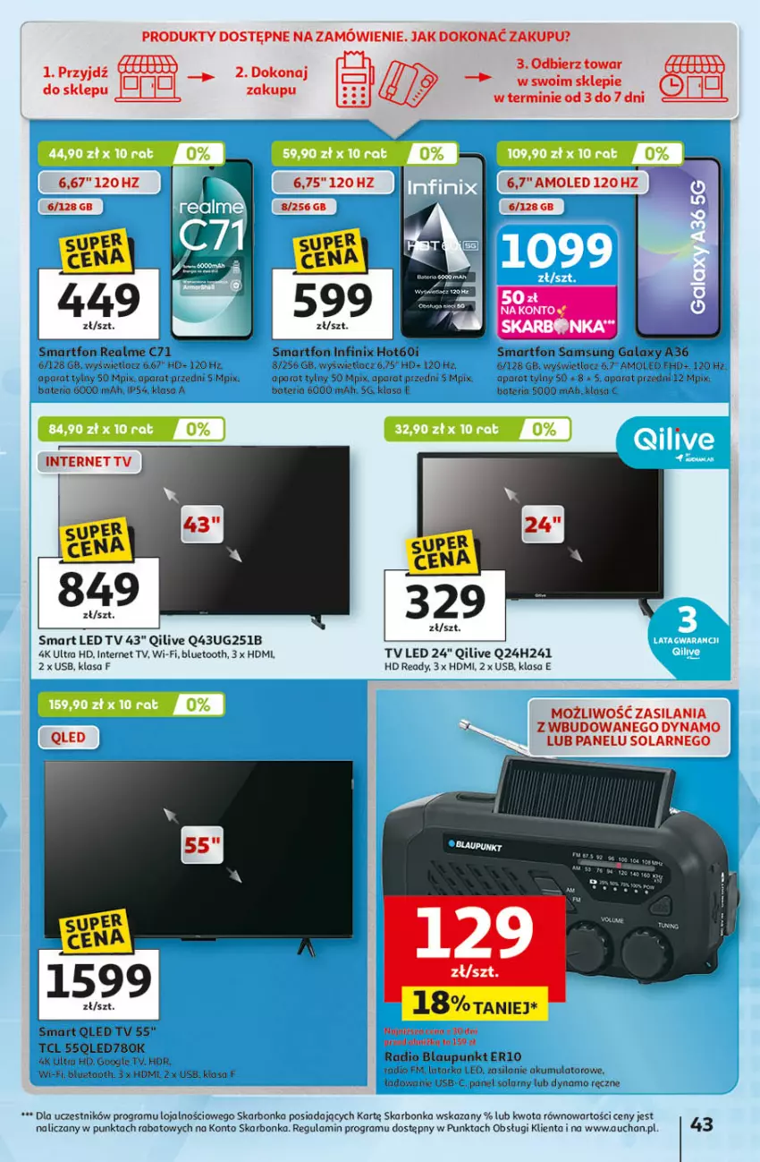 Gazetka promocyjna Auchan - 30 Lat Hipermarket - ważna 09.04 do 15.04.2026 - strona 43 - produkty: Akumulator, Amol, Bateria, Gala, Gra, HD ready, LED TV, Samsung, Silan, Smartfon, Tarka, Tera