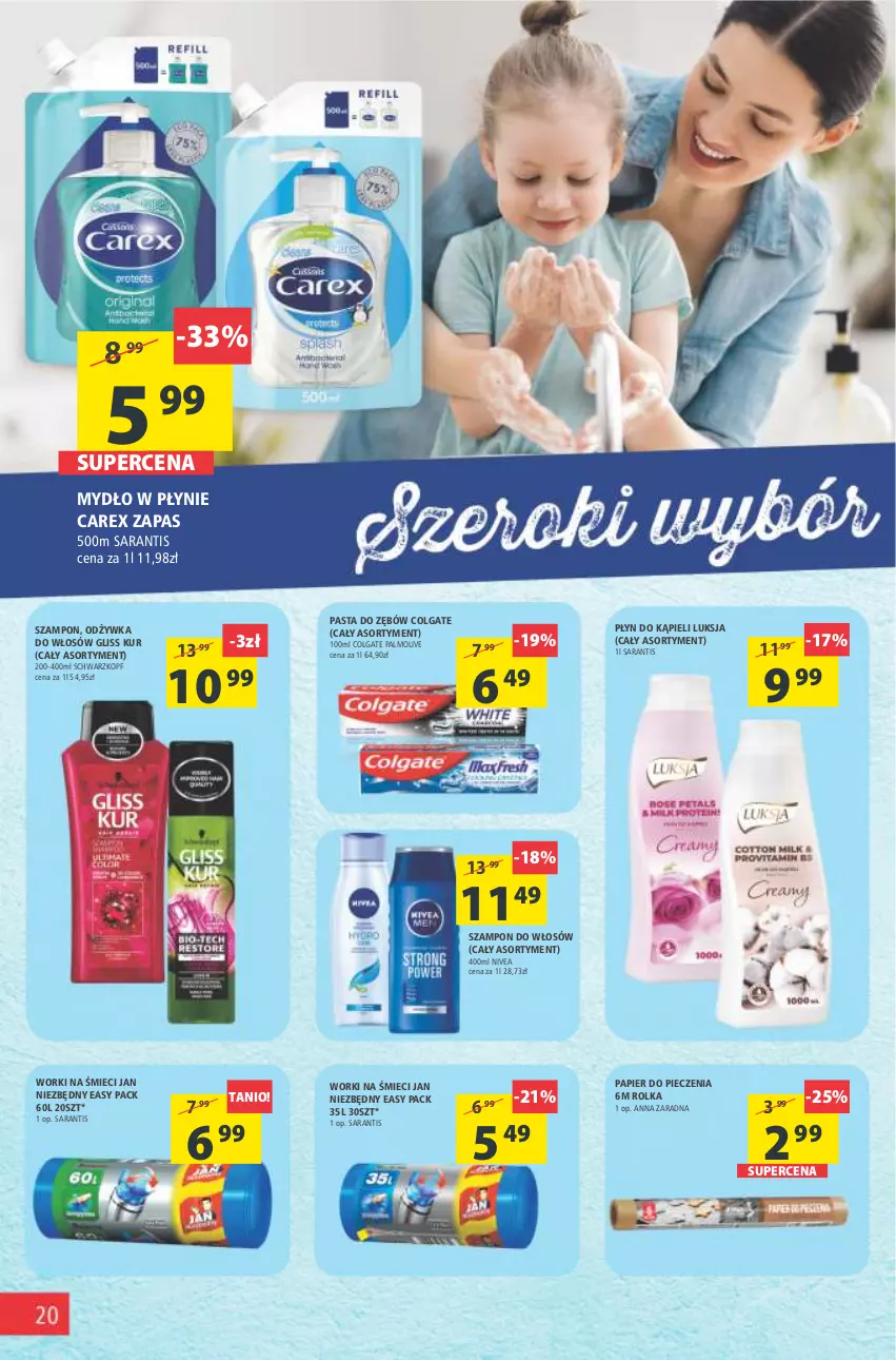 Gazetka promocyjna Arhelan - Gazetka - ważna 25.03 do 03.04.2022 - strona 20 - produkty: Colgate, Gliss Kur, Jan Niezbędny, LG, Luksja, Mydło, Mydło w płynie, Nivea, Odżywka, Palmolive, Papier, Papier do pieczenia, Pasta do zębów, Piec, Płyn do kąpieli, Schwarzkopf, Szampon, Worki na śmiec, Worki na śmieci