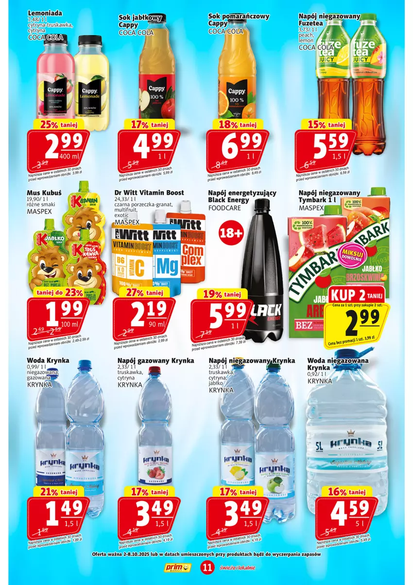 Gazetka promocyjna Prim Market - ważna 02.10 do 08.10.2025 - strona 11 - produkty: Cappy, Kubuś, Mus, Napój, Napój gazowany, Napój niegazowany, Perła, Sok, Sok jabłkowy, Sok pomarańczowy, Tymbark, Woda, Woda niegazowana