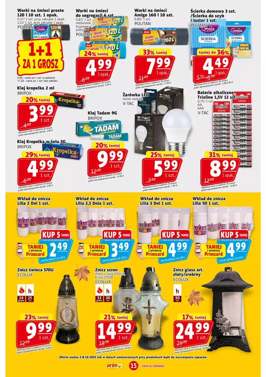 Gazetka promocyjna Prim Market - ważna 02.10 do 08.10.2025 - strona 15 - produkty: Baterie alkaliczne, Klej, Worki na śmiec, Worki na śmieci, Znicz