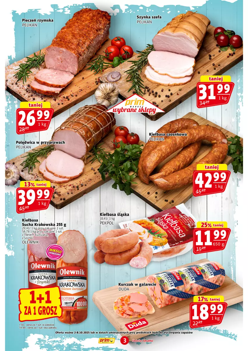 Gazetka promocyjna Prim Market - ważna 02.10 do 08.10.2025 - strona 3 - produkty: Duda, Fa, Gala, Kiełbasa, Kiełbasa śląska, Kurczak, Pekpol, Szynka