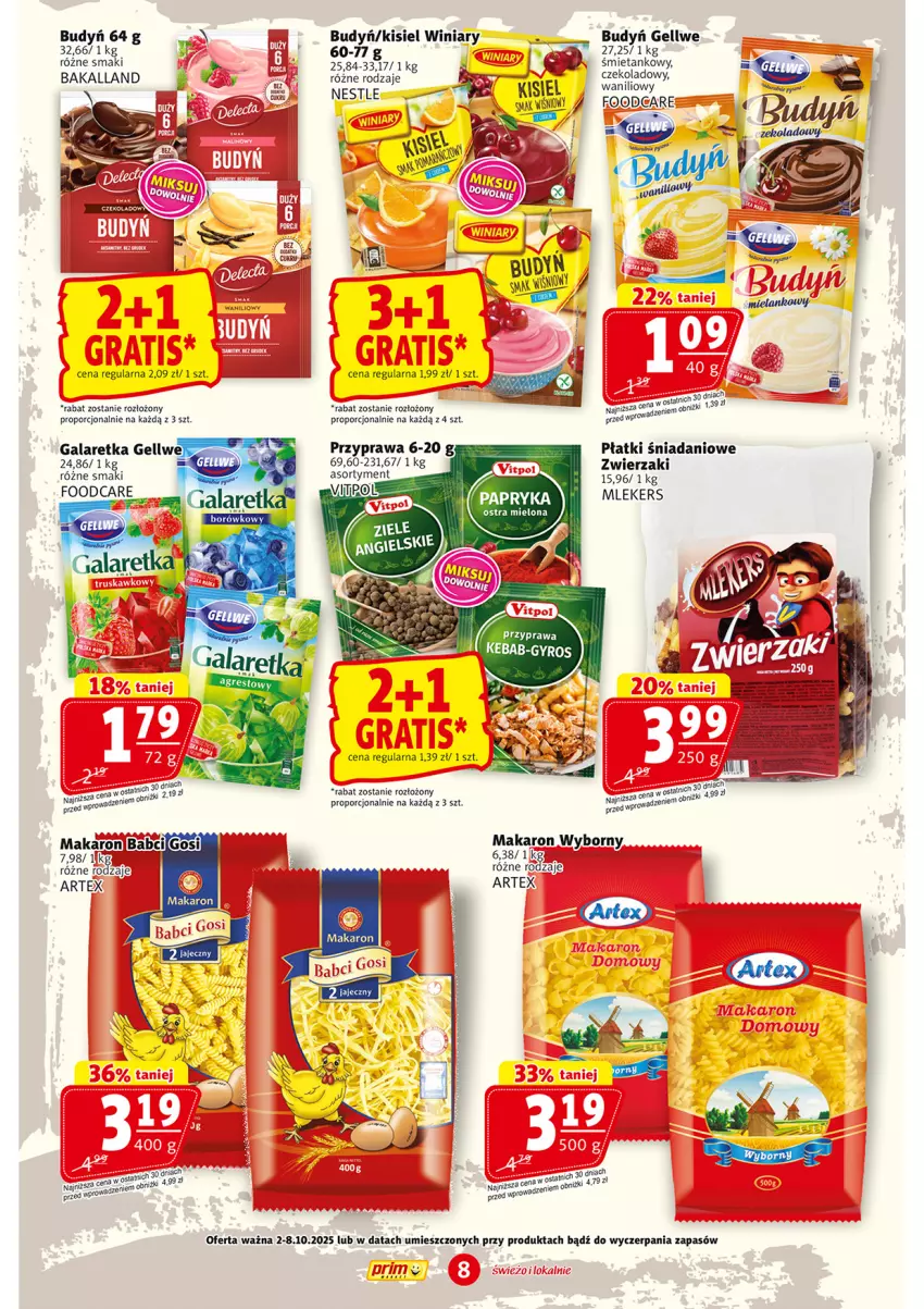 Gazetka promocyjna Prim Market - ważna 02.10 do 08.10.2025 - strona 8 - produkty: Bakalland, Budyń, Danio, Fa, Gala, Galaretka, Gyros, Kebab, Kisiel, Makaron, Papryka, Por