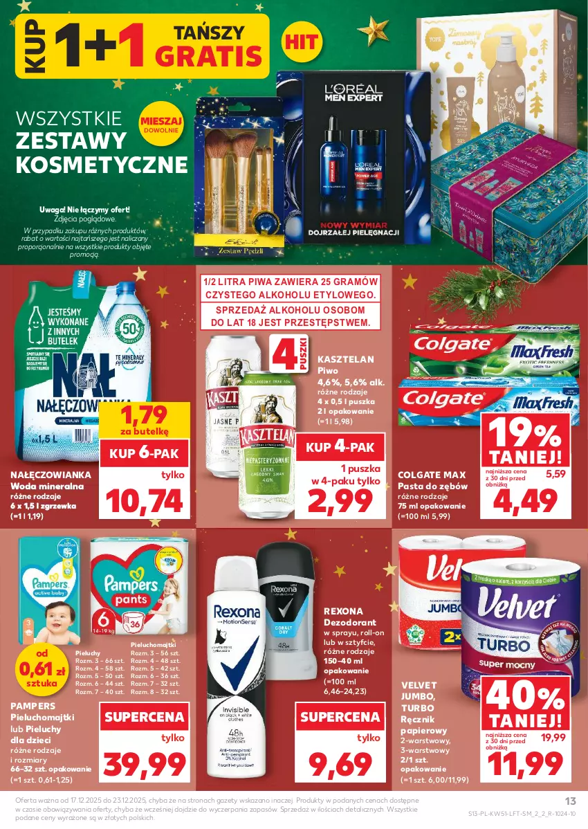 Gazetka promocyjna Kaufland - Gazetka tygodnia - ważna 17.12 do 23.12.2025 - strona 13 - produkty: Colgate, Dezodorant, Dzieci, Gra, Kasztelan, LG, Majtki, Nałęczowianka, Pampers, Papier, Pasta do zębów, Pieluchomajtki, Pieluchy, Piwa, Piwo, Por, Ręcznik, Rexona, Velvet, Waga, Woda, Woda mineralna