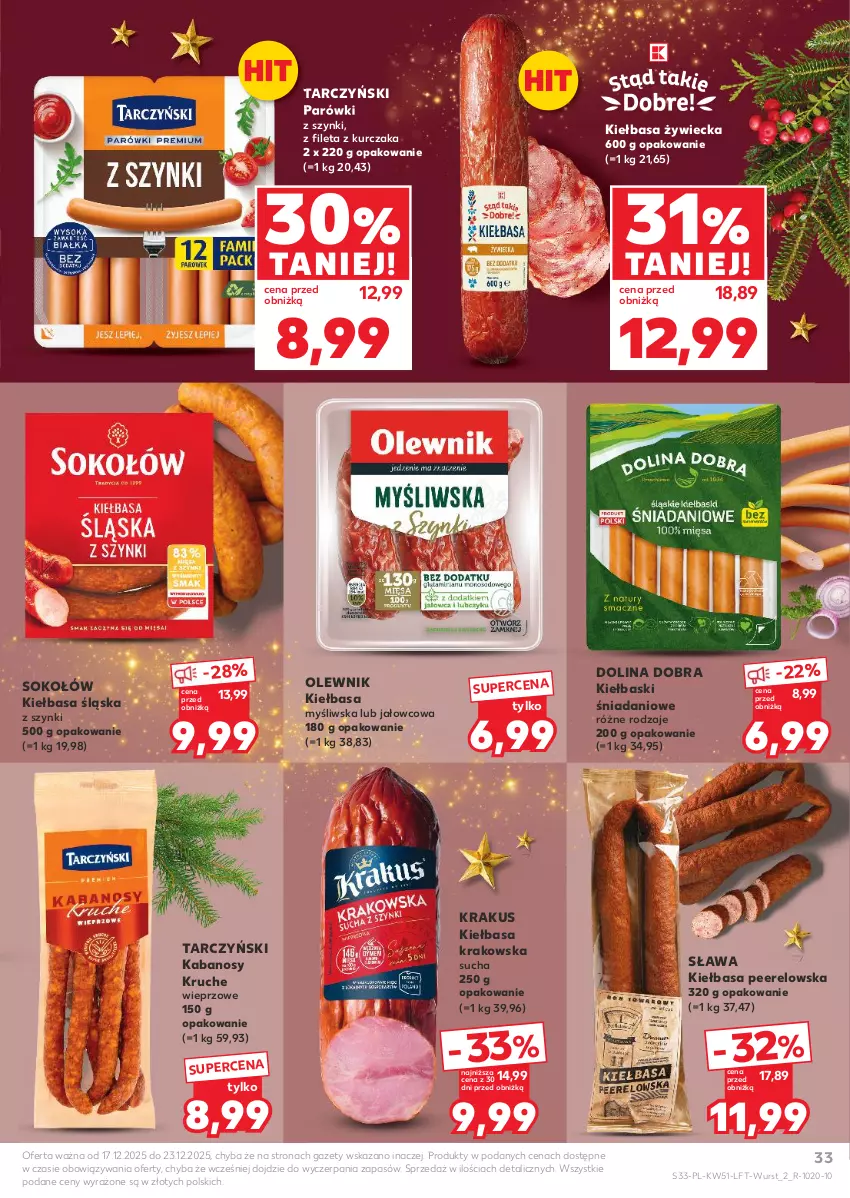 Gazetka promocyjna Kaufland - Gazetka tygodnia - ważna 17.12 do 23.12.2025 - strona 33 - produkty: Danio, Kabanos, Kiełbasa, Kiełbasa krakowska, Kiełbasa śląska, Krakus, Kurczak, Olewnik, Parówki, Parówki z szynki, Sok, Sokołów, Tarczyński
