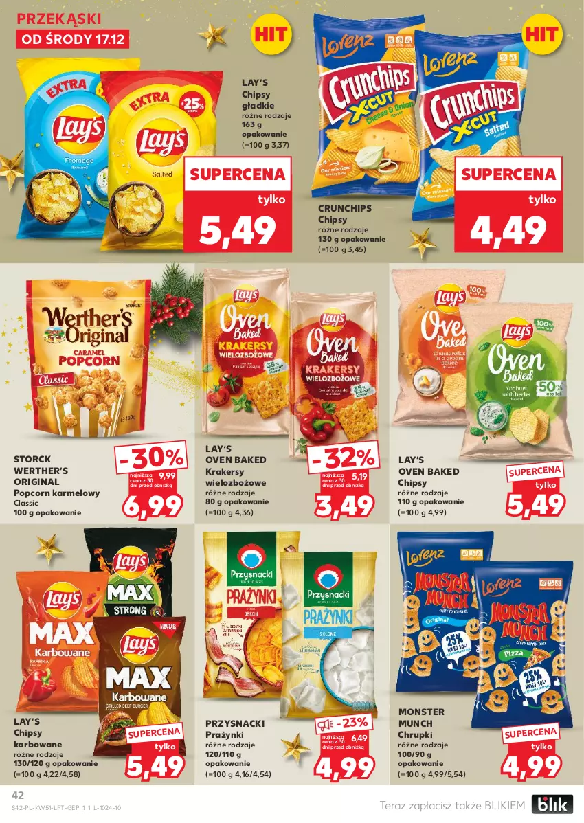 Gazetka promocyjna Kaufland - Gazetka tygodnia - ważna 17.12 do 23.12.2025 - strona 42 - produkty: Chipsy, Chrupki, Crunchips, Gin, Krakersy, Lay’s, Monster Munch, Popcorn, Przysnacki, Tera