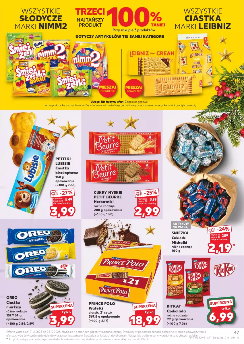 Gazetka promocyjna Kaufland - Gazetka tygodnia - ważna 17.12 do 23.12.2025 - strona 47 - produkty: Ciastka, Cukier, Cukierki, Czekolada, Dres, Herbatniki, Lody, Lubisie, Michałki, Nimm2, Oreo, Por, Prince Polo, Waga