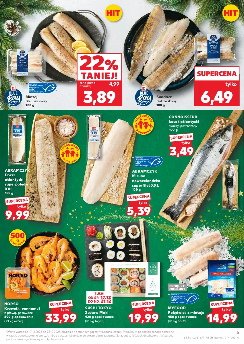 Gazetka promocyjna Kaufland - Gazetka tygodnia - ważna 17.12 do 23.12.2025 - strona 5 - produkty: Dorsz, Krewetki, Mintaj, Miruna, Polędwica, Sandacz, Sandacz filet, Sushi