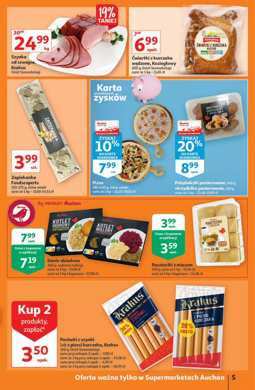 Gazetka promocyjna Auchan - Rysują się supertanie okazje Supermarkety - ważna 19.08 do 25.08.2021 - strona 5 - produkty: Gra, Krakus, Kurczak, Parówki, Parówki z szynki, Pizza, Polędwiczki panierowane, Zapiekanka