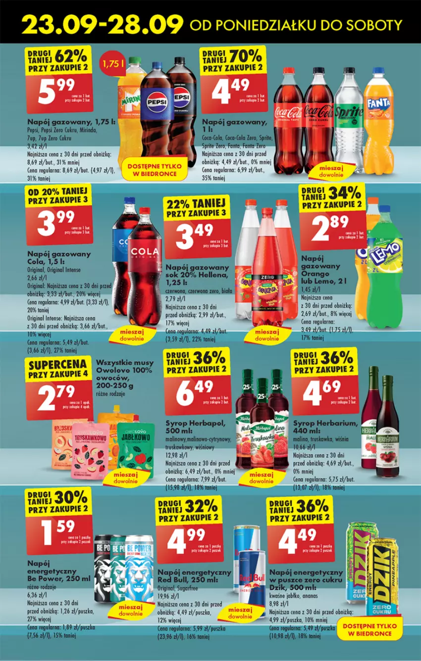 Gazetka promocyjna Biedronka - Od Poniedziałku - ważna 23.09 do 28.09.2024 - strona 55 - produkty: Ananas, Coca-Cola, Fa, Fanta, Gin, Herbapol, Mirinda, Mus, Napój, Napój energetyczny, Napój gazowany, Pepsi, Red Bull, Sprite, Syrop, Tera