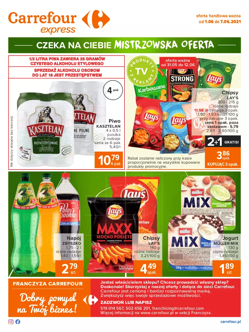 Gazetka promocyjna Carrefour - Gazetka Express - ważna 31.05 do 07.06.2021 - strona 2 - produkty: Chipsy, Gra, Jogurt, Kasztelan, Kosz, Lay’s, Müller, Müller Mix, Napój, Piwa, Piwo, Por