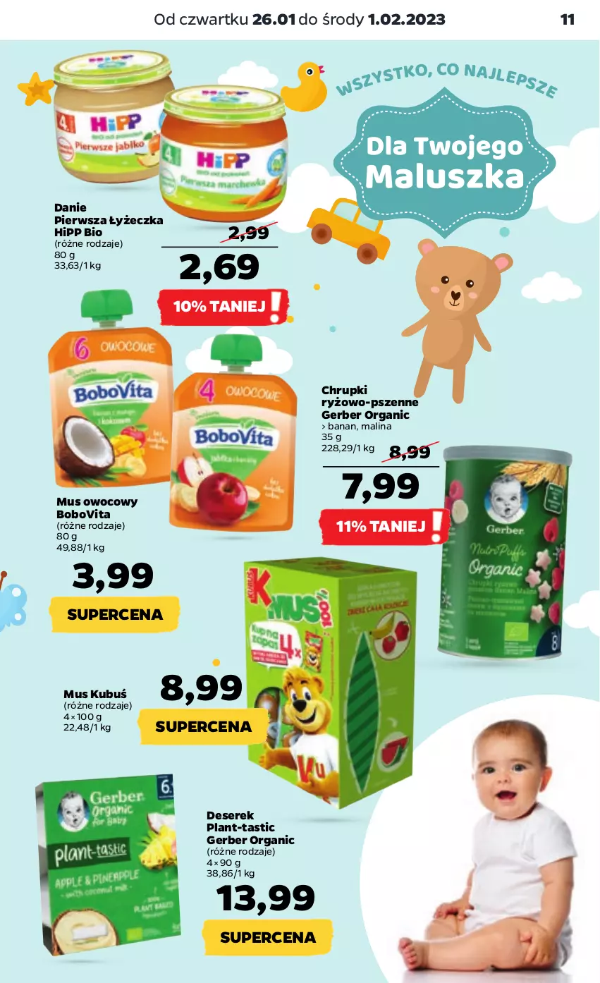 Gazetka promocyjna Netto - Artykuły spożywcze - ważna 26.01 do 01.02.2023 - strona 11 - produkty: BoboVita, Chrupki, Deser, Gerber, HiPP, Hipp Bio, Kubuś, Mus, Ryż, Ser, Serek