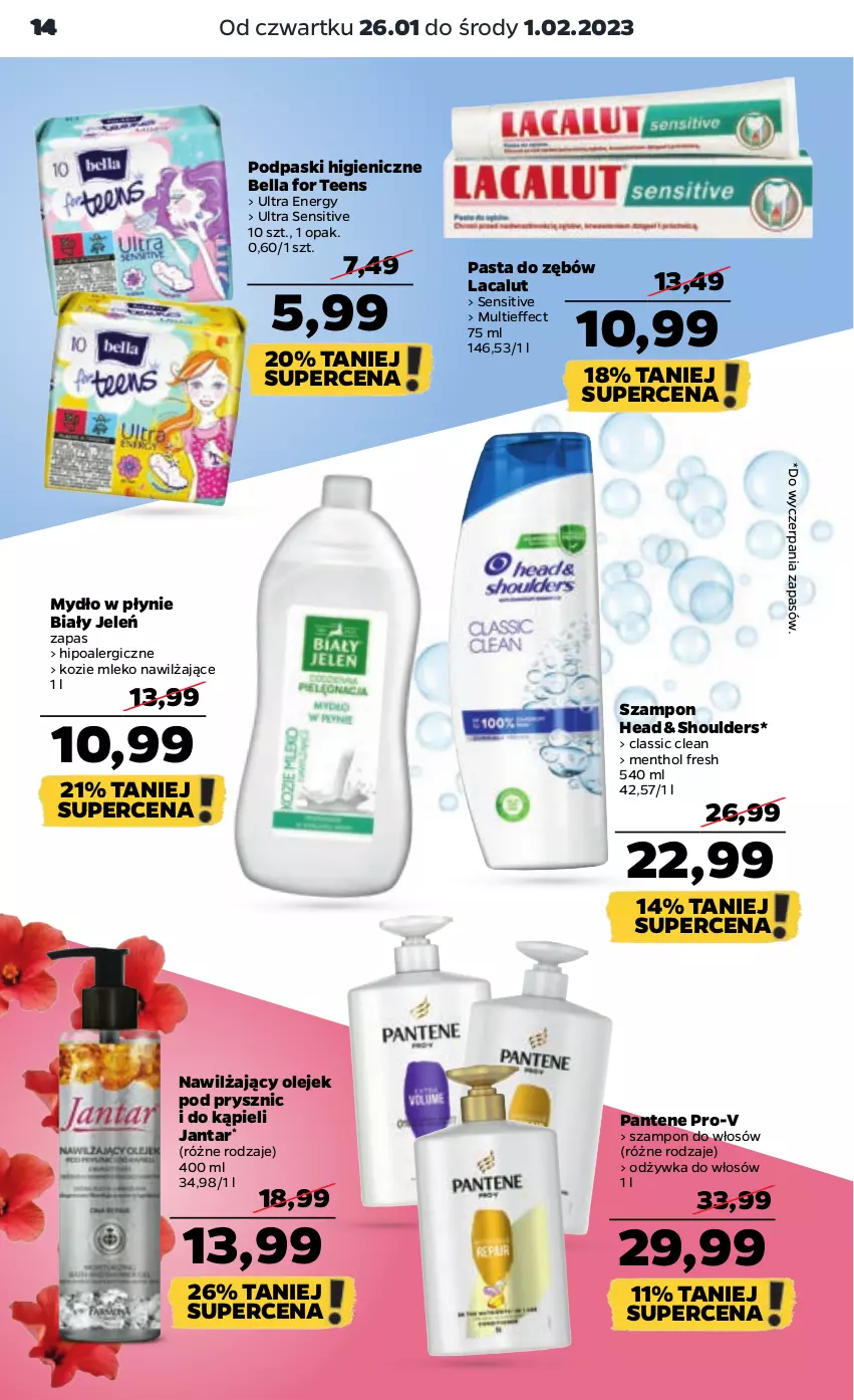 Gazetka promocyjna Netto - Artykuły spożywcze - ważna 26.01 do 01.02.2023 - strona 14 - produkty: Bell, Bella, Biały Jeleń, Lacalut, Mleko, Mydło, Mydło w płynie, Odżywka, Olej, Olejek pod prysznic, Pantene, Pasta do zębów, Podpaski, Szampon