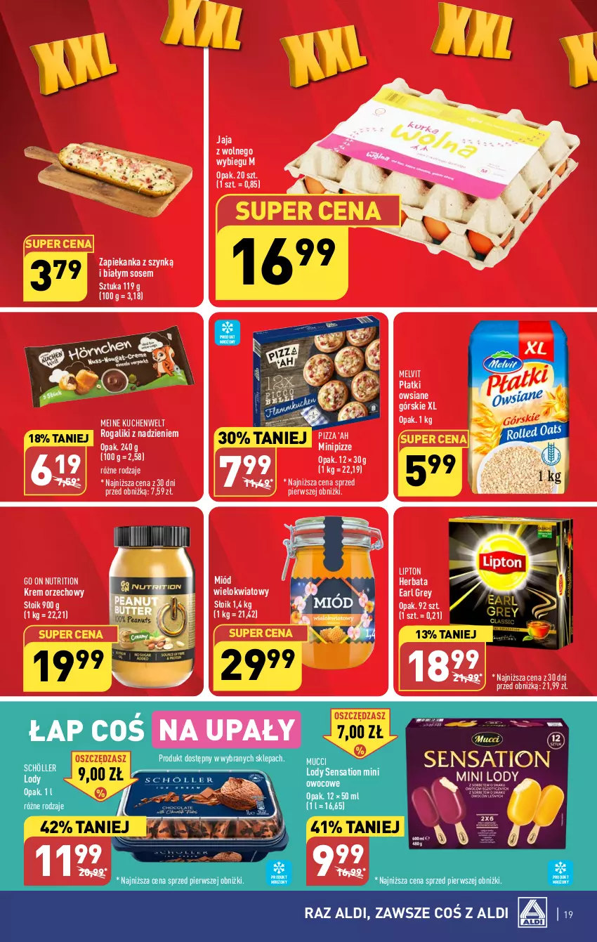 Gazetka promocyjna Aldi - Pełna oferta - ważna 21.08 do 27.08.2023 - strona 19 - produkty: Earl Grey, Herbata, Jaja, Jaja z wolnego wybiegu, Krem orzechowy, Lipton, Lody, Melvit, Miód, Pizza, Płatki owsiane, Rogal, Sati, Sos, Zapiekanka